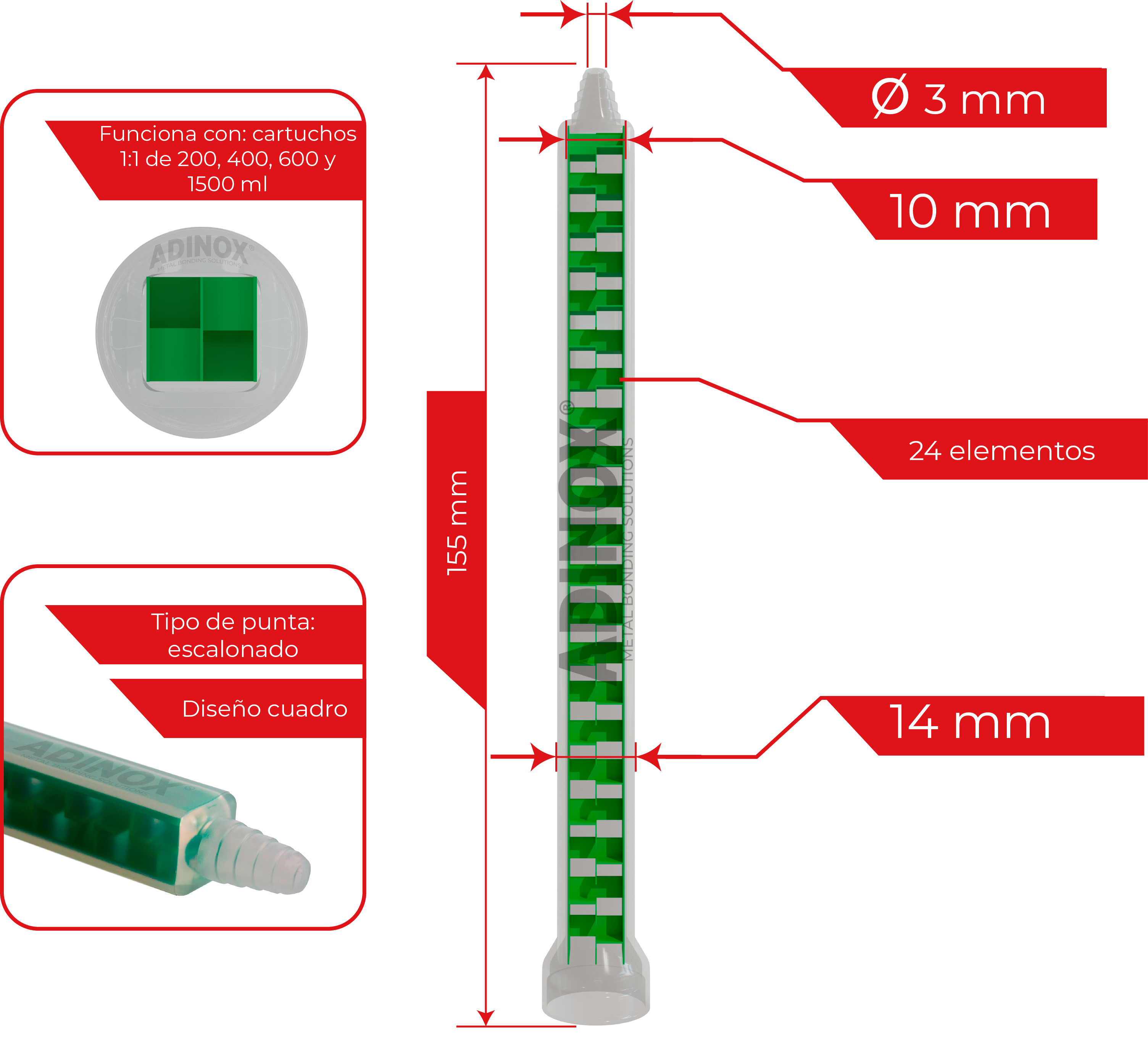 MGQ0824T Square mixing nozzle with thread, 24 elements, 1:1 for 200ml, 400ml, 600 ml and 1500 ml cartridges, pack of 20